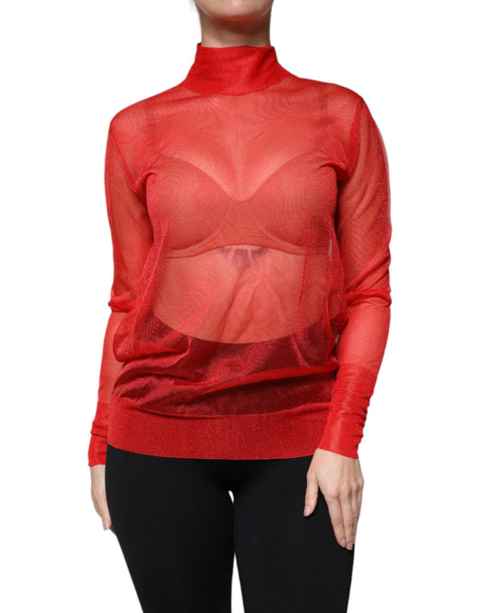 Dolce & Gabbana Rotes Netz-Rollkragen-Langarmblusen-Top