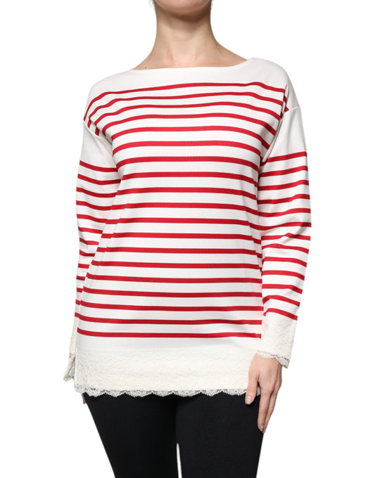Dolce & Gabbana Weiß-rot gestreiftes Baumwoll-Top mit langen Ärmeln