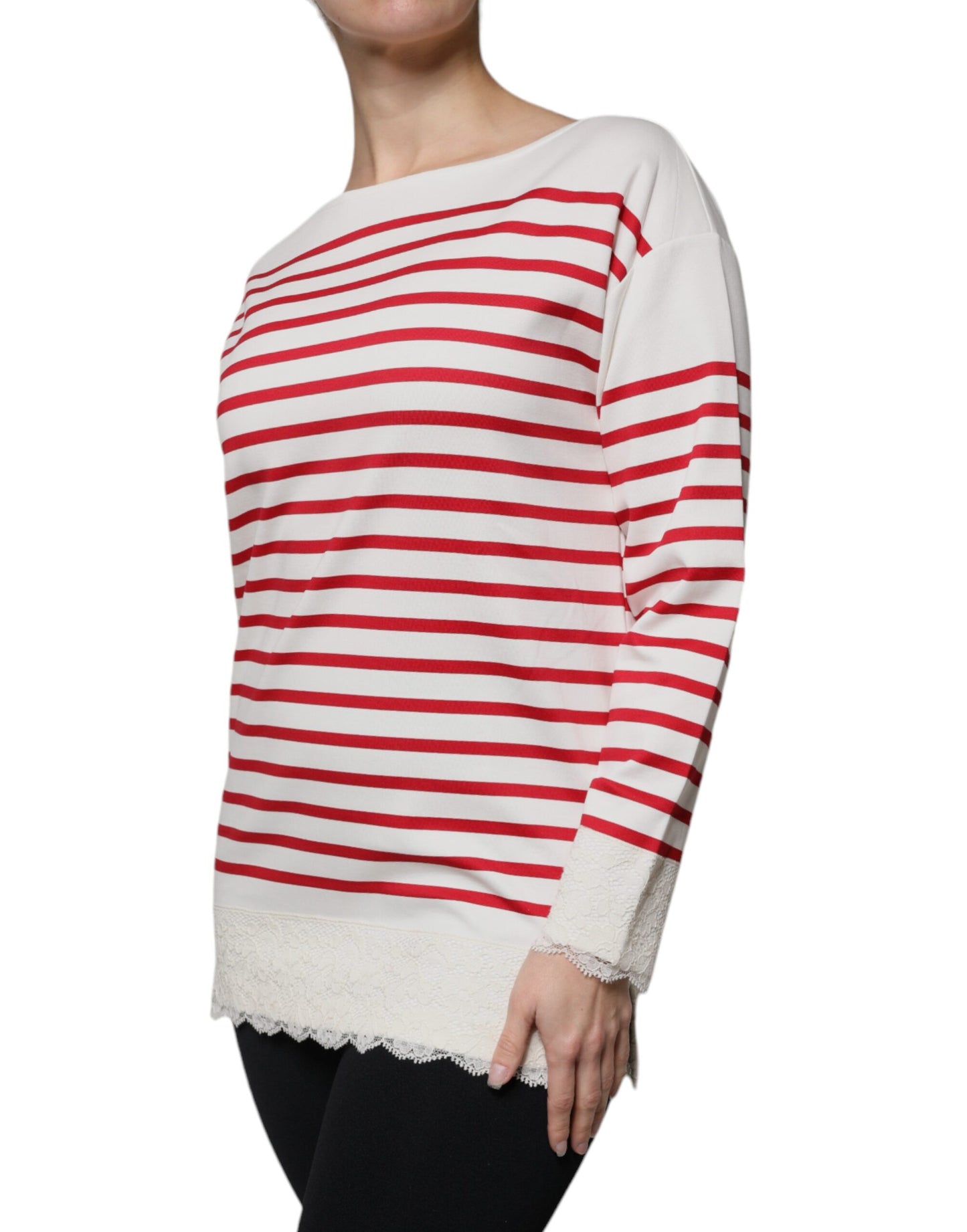 Dolce & Gabbana Weiß-rot gestreiftes Baumwoll-Top mit langen Ärmeln