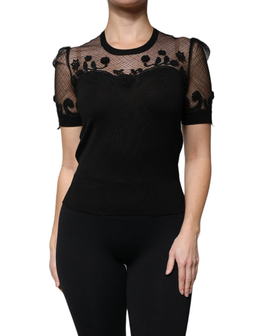 Dolce & Gabbana Schwarzes Blusentop mit floraler Spitze und kurzen Ärmeln