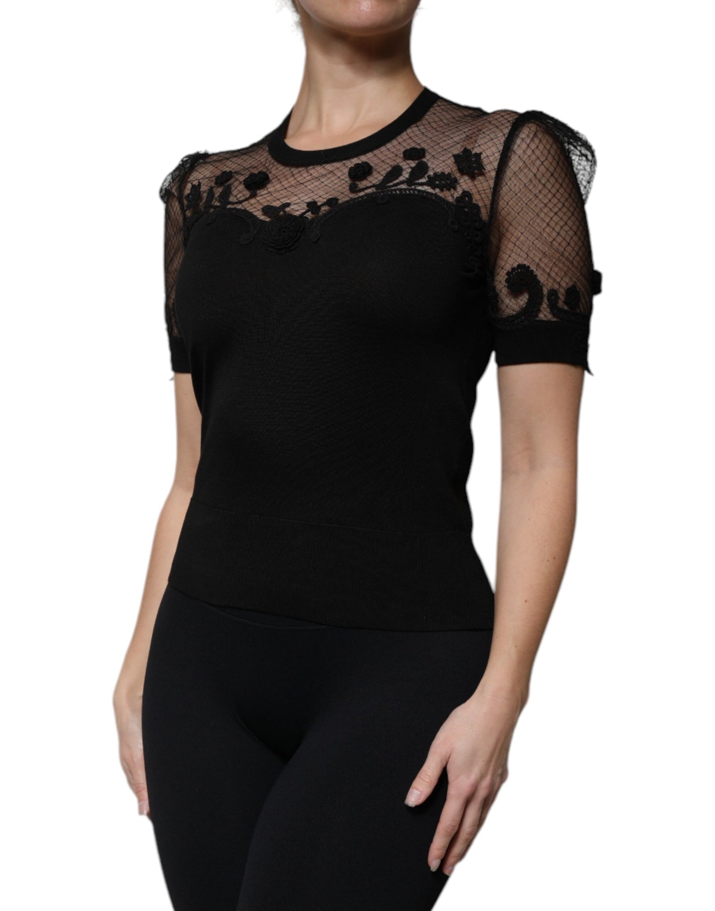 Dolce & Gabbana Schwarzes Blusentop mit floraler Spitze und kurzen Ärmeln