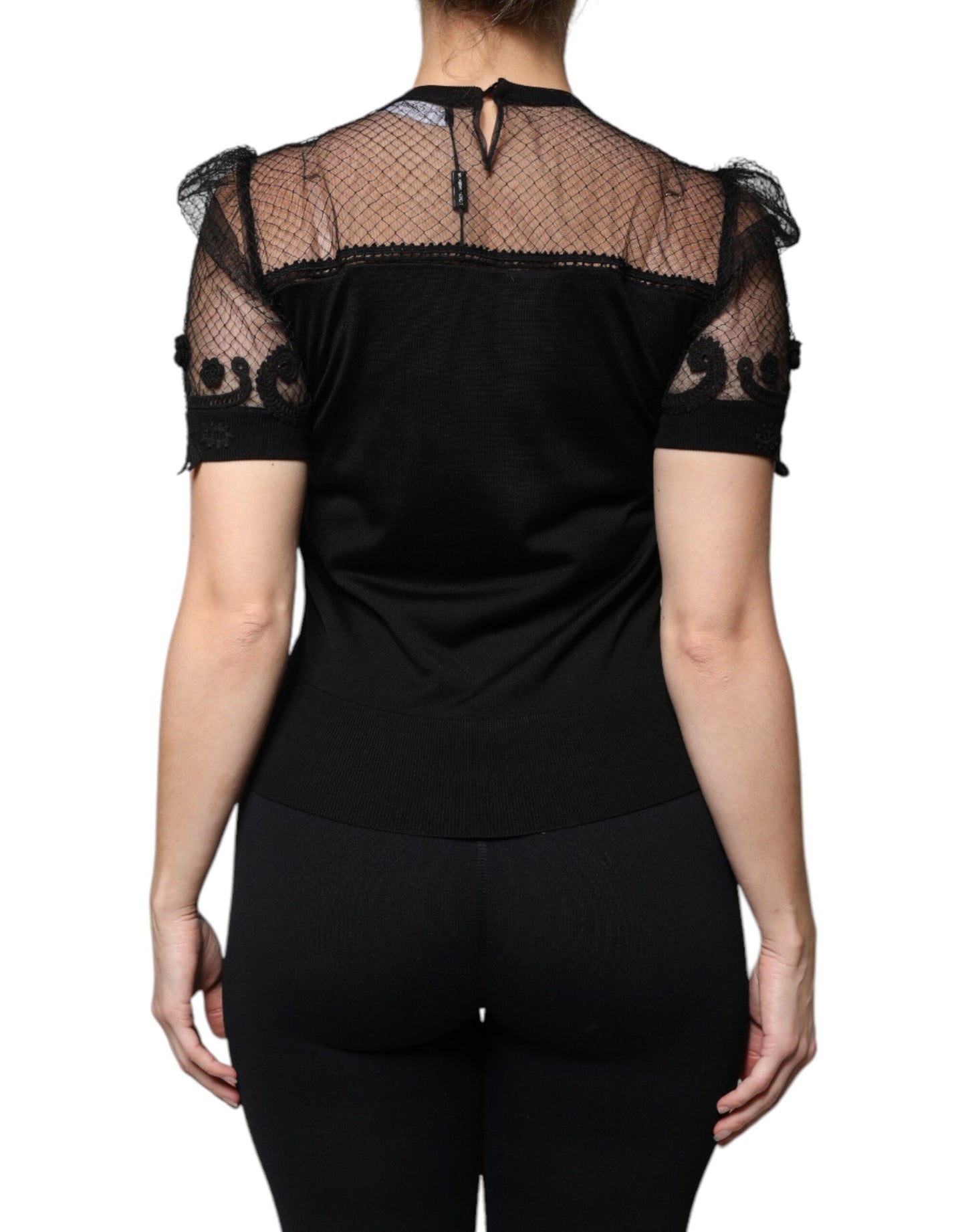 Dolce & Gabbana Schwarzes Blusentop mit floraler Spitze und kurzen Ärmeln