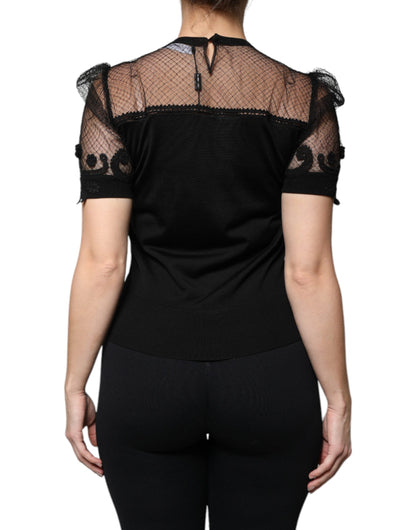 Dolce & Gabbana Schwarzes Blusentop mit floraler Spitze und kurzen Ärmeln