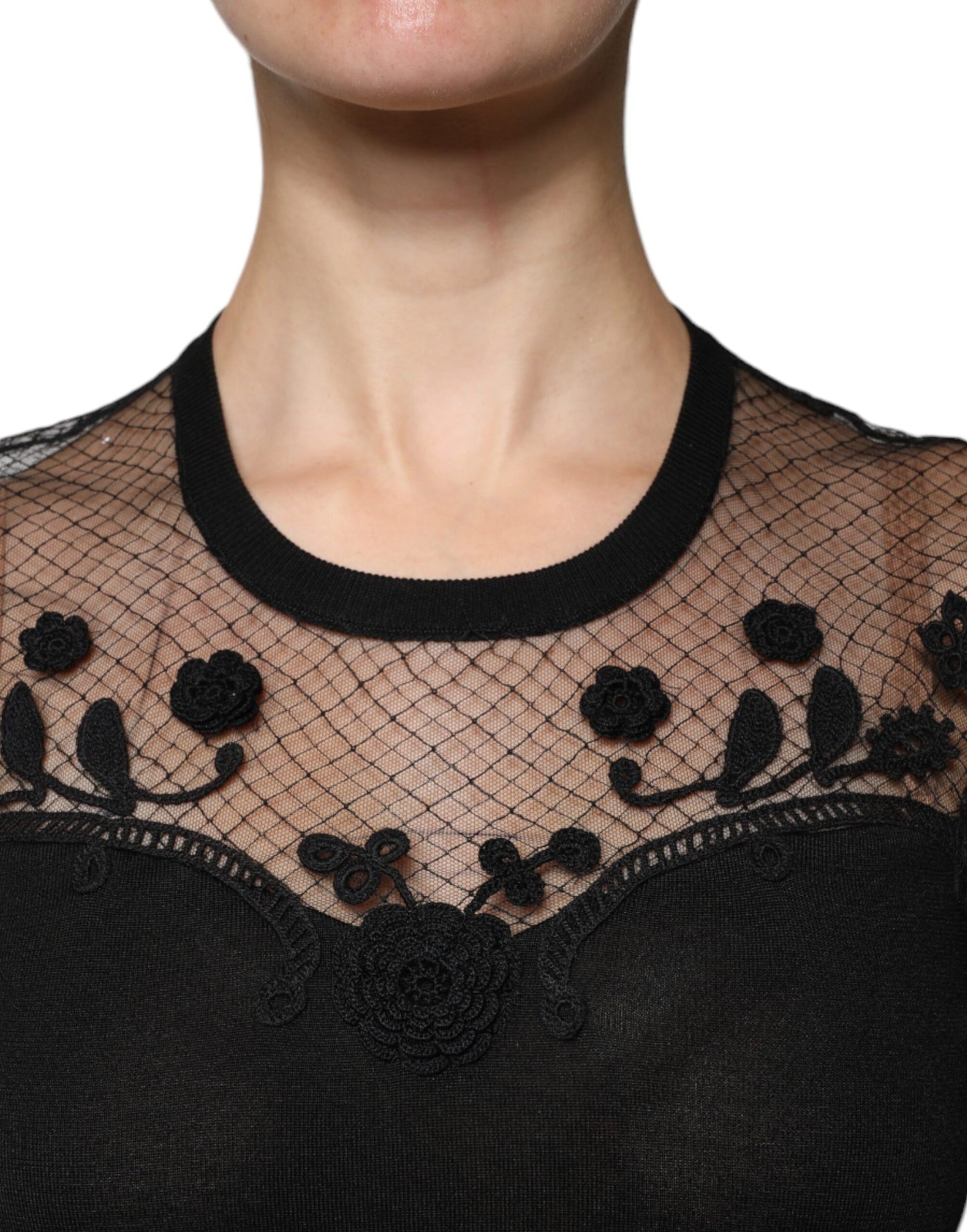 Dolce & Gabbana Schwarzes Blusentop mit floraler Spitze und kurzen Ärmeln