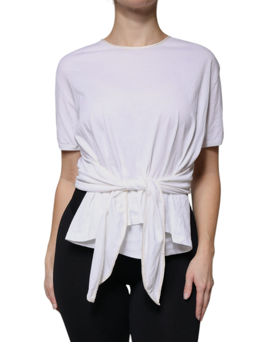 Dolce & Gabbana Weißes Baumwoll-Seiden-Rundhals-Wickelblusen-Top