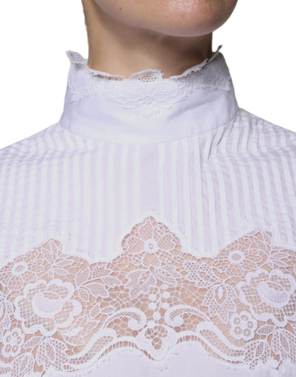 Dolce & Gabbana Weißes Rollkragenblusentop mit Spitzenbesatz aus Baumwolle