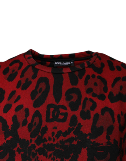 Dolce & Gabbana Rotes ärmelloses Baumwoll-T-Shirt mit Leopardenmuster
