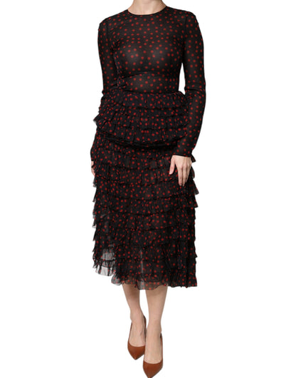Dolce & Gabbana Schwarz-rot gepunktetes Midikleid aus Seide in Lagen