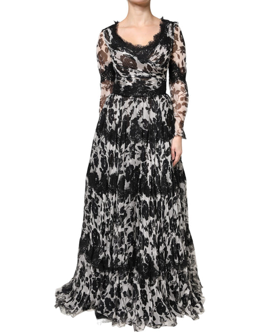 Dolce & Gabbana Schwarzes Maxikleid aus geblümter Seidenspitze Ricamo Ball
