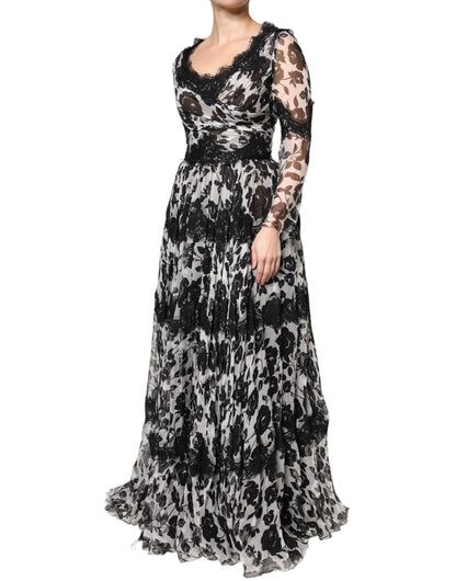 Dolce & Gabbana Schwarzes Maxikleid aus geblümter Seidenspitze Ricamo Ball