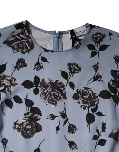 Valentino Hellblaues geblümtes Minikleid mit langen Ärmeln und A-Linie