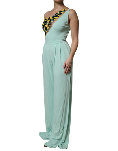 Elisabetta Franchi Mintgrünes langes Ein-Schulter-Jumpsuit-Kleid