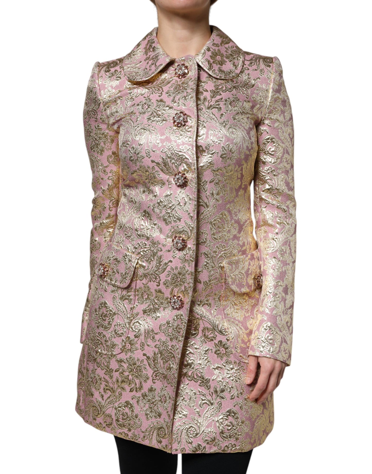 Dolce & Gabbana Metallischer Rosa-Gold-Jacquard-Juwel-Knopf-Mantel Jacke