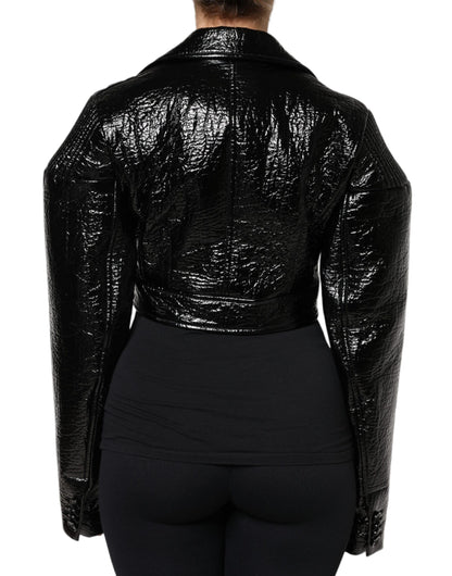 Dolce & Gabbana Schwarzer Leder Mantel mit langen Ärmeln