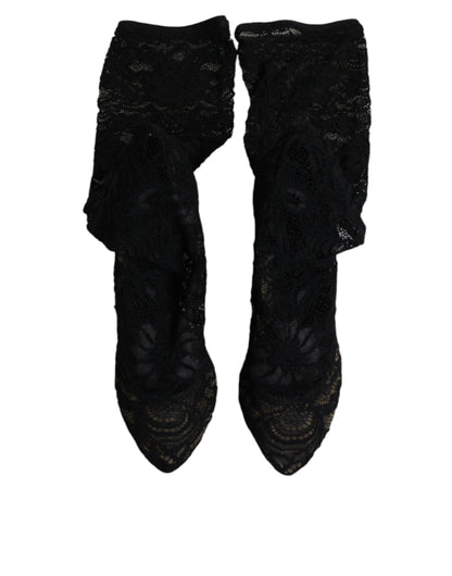 Dolce & Gabbana Schwarz Stretch Socken Taormina Spitze Stiefel Schuhe