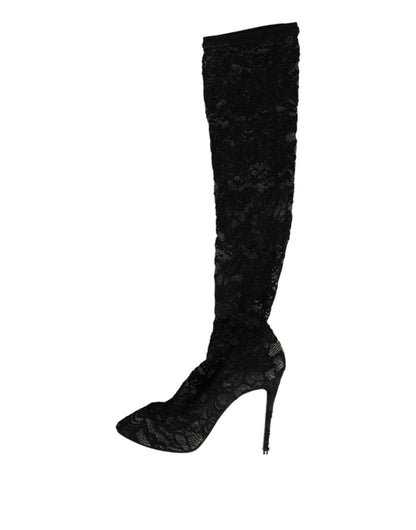 Dolce & Gabbana Schwarz Stretch Socken Taormina Spitze Stiefel Schuhe