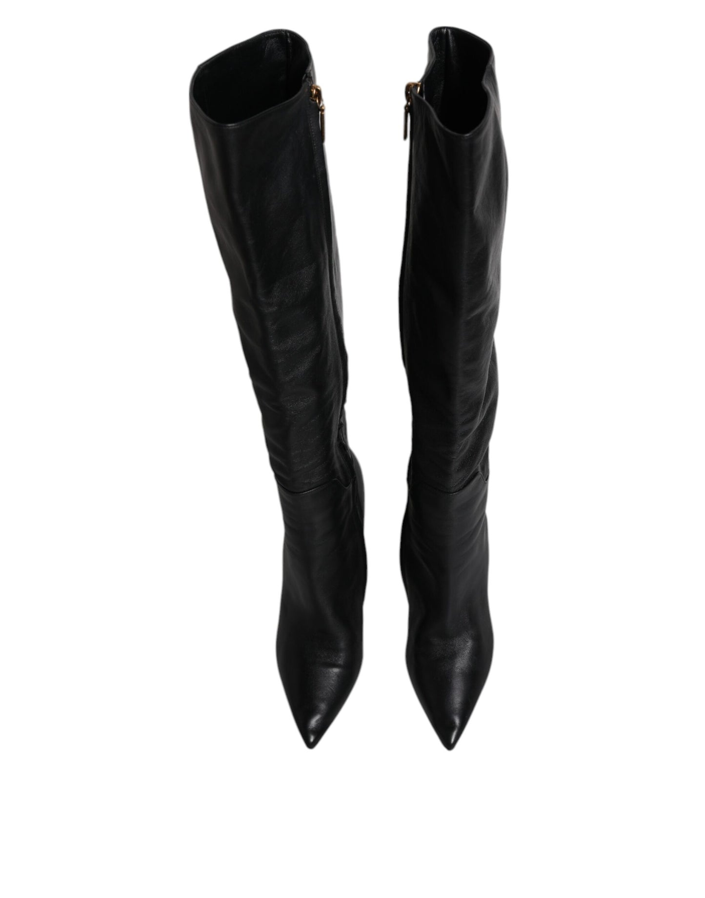 Dolce & Gabbana Schwarze Leder Absätze Kniehohe Stiefel Schuhe