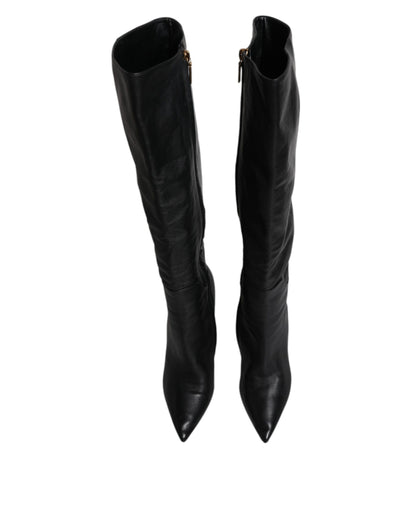 Dolce & Gabbana Schwarze Leder Absätze Kniehohe Stiefel Schuhe