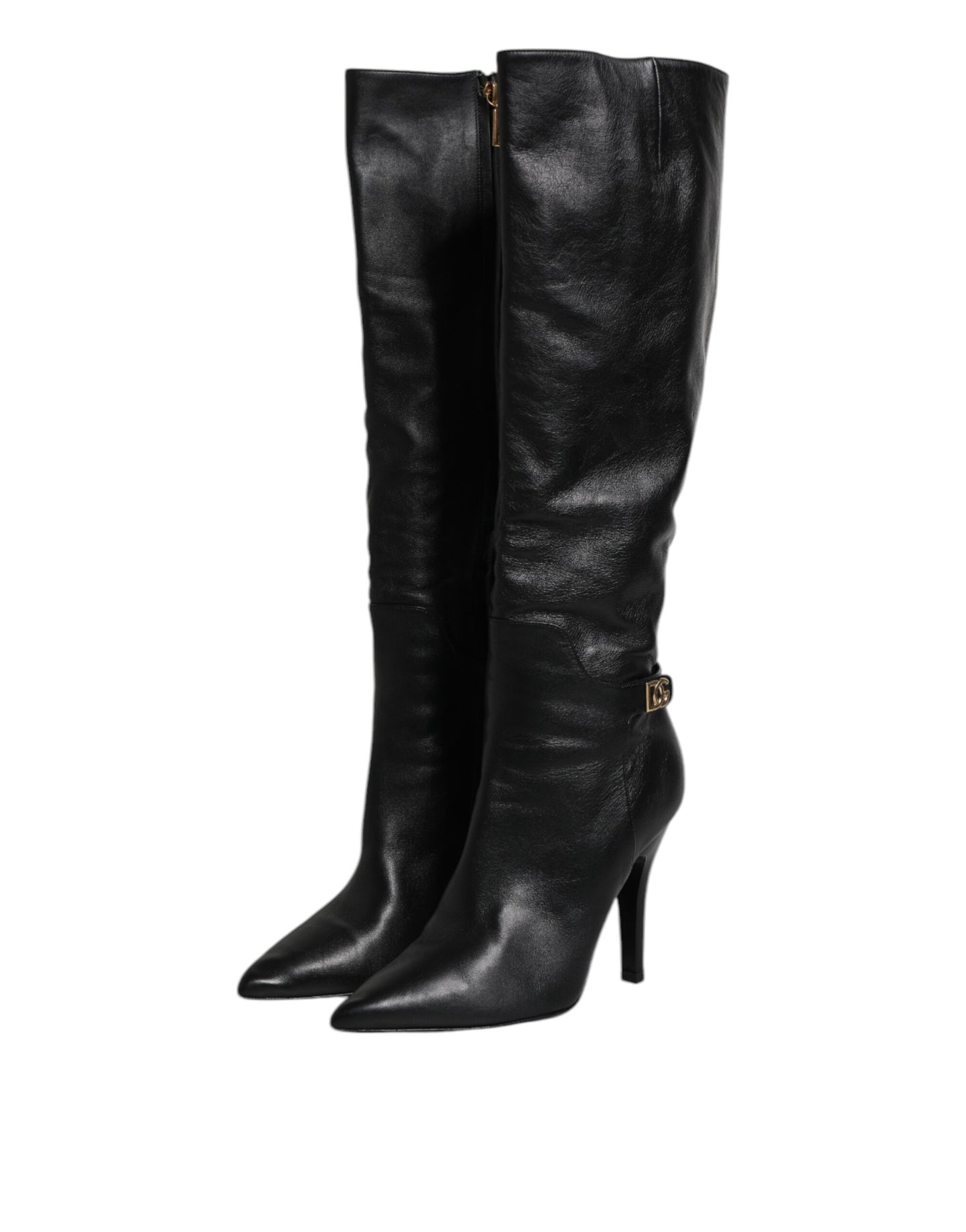 Dolce & Gabbana Schwarze Leder Absätze Kniehohe Stiefel Schuhe