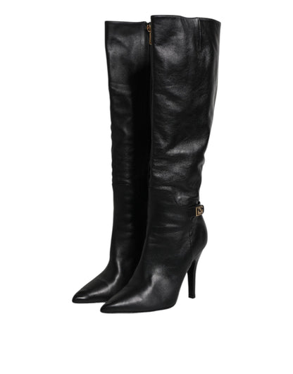 Dolce & Gabbana Schwarze Leder Absätze Kniehohe Stiefel Schuhe