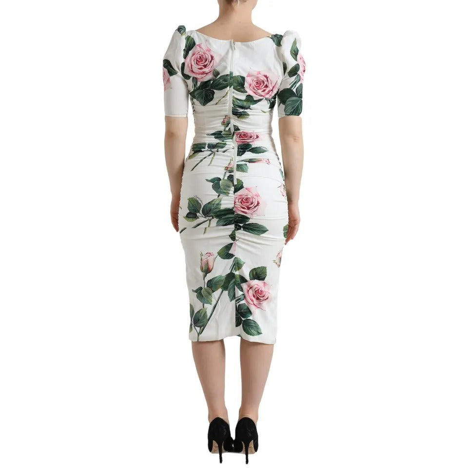 Dolce & Gabbana Weißes Rosendruck Stretch-Seidenkleid mit Plissee