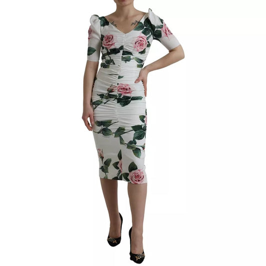 Dolce & Gabbana Weißes Rosendruck Stretch-Seidenkleid mit Plissee