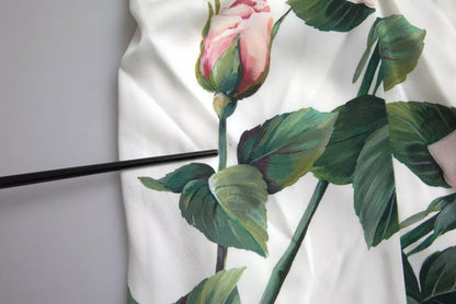 Dolce & Gabbana Weißes Rosendruck Stretch-Seidenkleid mit Plissee