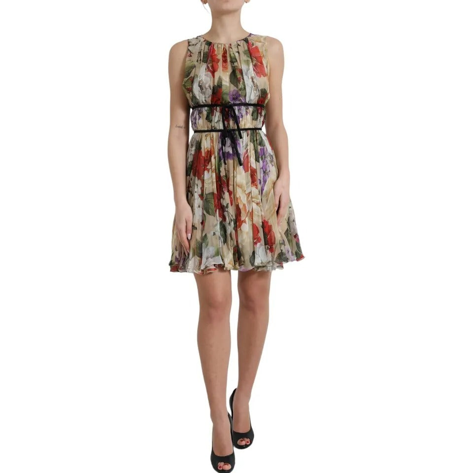Dolce & Gabbana Beigefarbenes ärmelloses Minikleid in A-Linie mit Blumenmuster