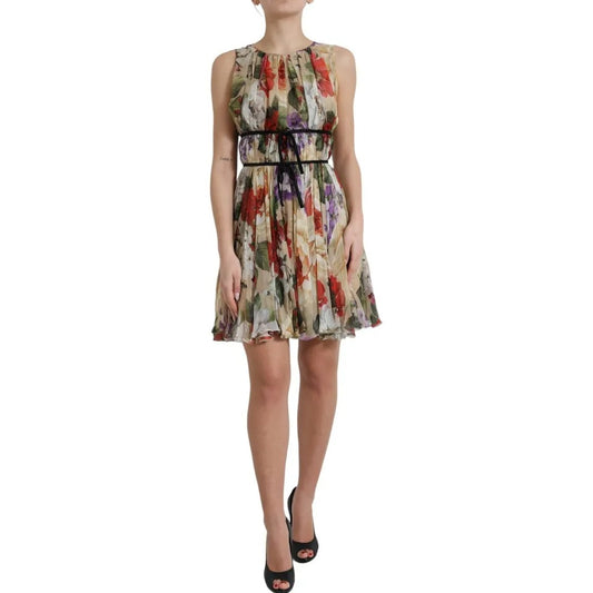 Dolce & Gabbana Beigefarbenes ärmelloses Minikleid in A-Linie mit Blumenmuster