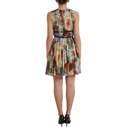 Dolce & Gabbana Beigefarbenes ärmelloses Minikleid in A-Linie mit Blumenmuster