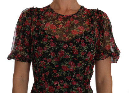 Dolce & Gabbana Schwarzes geblümtes Rosen-A-Linien-Shiftkleid