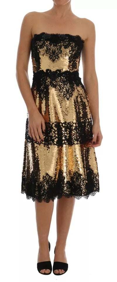 Dolce & Gabbana Goldfarbenes trägerloses Kleid aus paillettenbesetzter Spitze