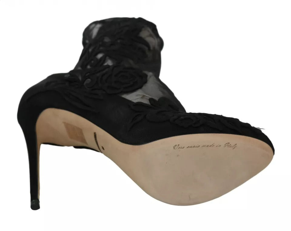 Dolce & Gabbana Schwarz Tüll Stretch Floral Booties Schuhe