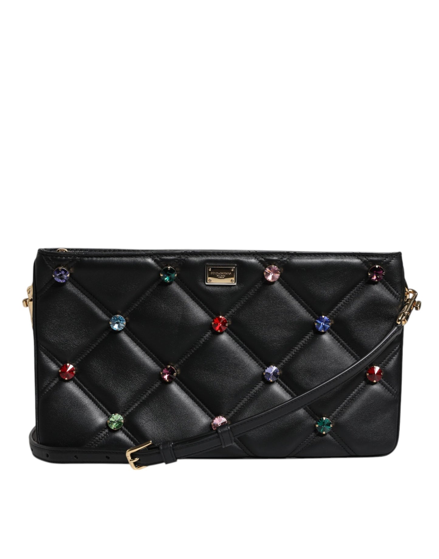 Dolce & Gabbana Schwarze Leder-Umhängetasche mit kristallbesetztem Logo