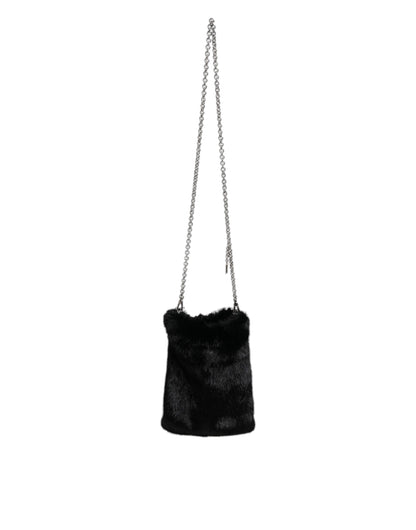 Dolce & Gabbana Schwarzer Kunstpelz Silber Kette Crossbody Umhängetasche Tasche