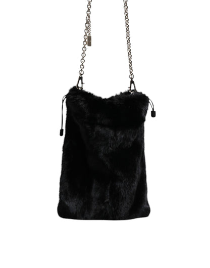 Dolce & Gabbana Schwarzer Kunstpelz Silber Kette Crossbody Umhängetasche Tasche