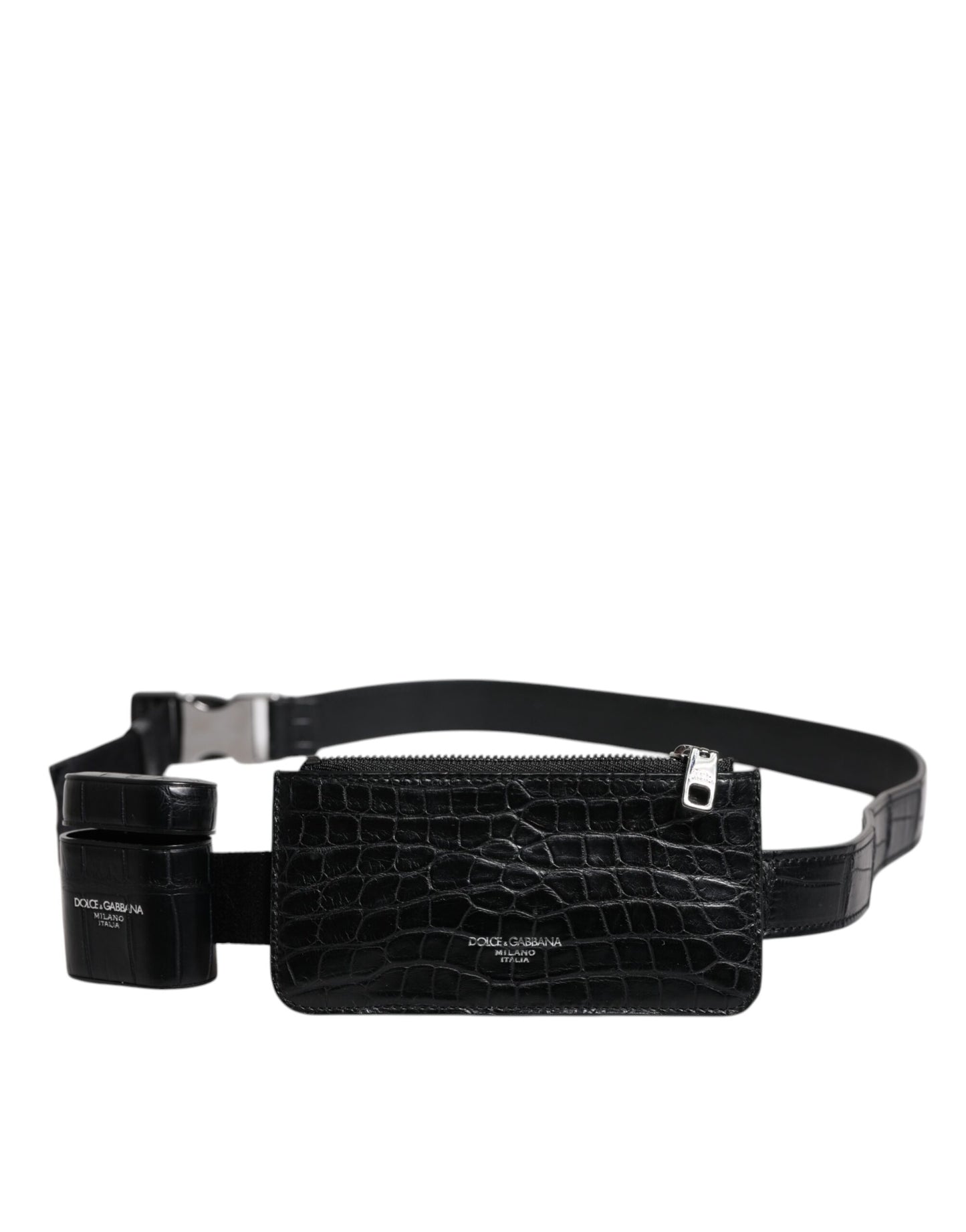 Dolce & Gabbana Schwarzes Alligatorleder Airpods Fall Münze Geldbeutel Brieftasche