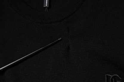 Dolce & Gabbana Schwarzer Logo-Wollpullover mit Rundhalsausschnitt
