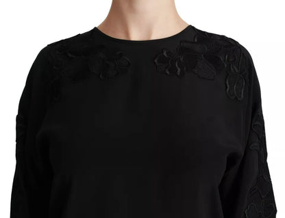 Dolce & Gabbana Schwarzes Blusentop mit Blumenstickerei aus Seide