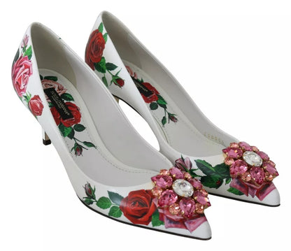 Dolce & Gabbana Weißes Leder Rosen Kristall Pumps Schuhe