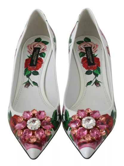 Dolce & Gabbana Weißes Leder Rosen Kristall Pumps Schuhe
