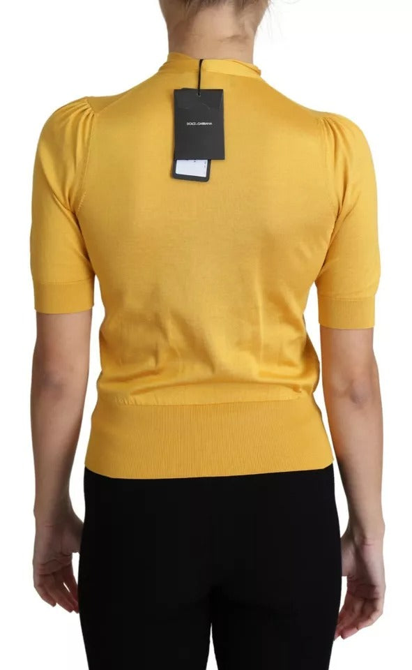 Dolce & Gabbana Gelbes Seidenstrickpullover-Top mit Ascot-Kragen