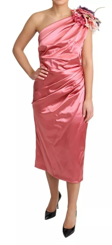 Dolce & Gabbana Rosa drapiertes Midikleid mit Blumenapplikationen