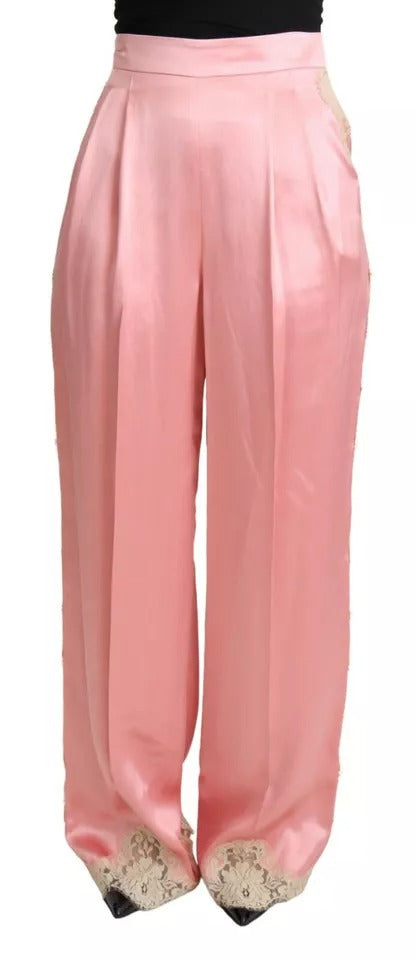 Dolce & Gabbana Rosa Hose mit Spitzenbesatz aus Seidensatin und weiten Beinen