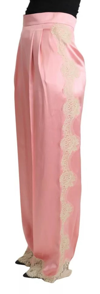 Dolce & Gabbana Rosa Hose mit Spitzenbesatz aus Seidensatin und weiten Beinen