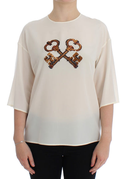 Dolce & Gabbana Weiße Pailletten-Schlüssel-Seidenbluse T-shirt Top