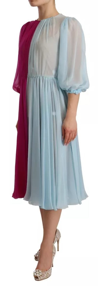 Dolce & Gabbana Fuchsia Hellblaues zweifarbiges Midikleid aus Seide