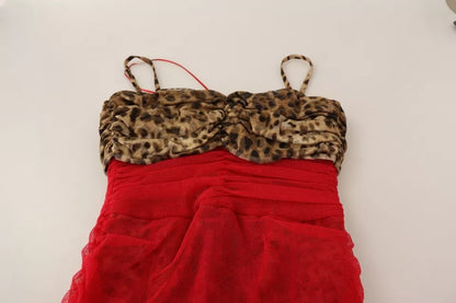 Dolce & Gabbana Braun Leopard Rot Tüll Etuikleid Midikleid