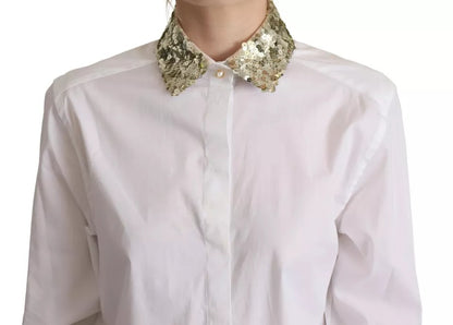 Dolce & Gabbana Weißes Baumwollhemd mit langen Ärmeln und Paillettenbesatz