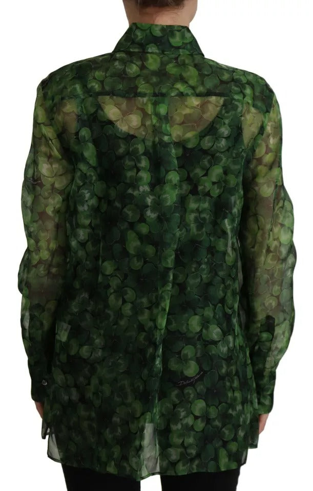 Dolce & Gabbana Grüner Kleeblattdruck Langärmeliges Oberteil Bluse mit Kragen